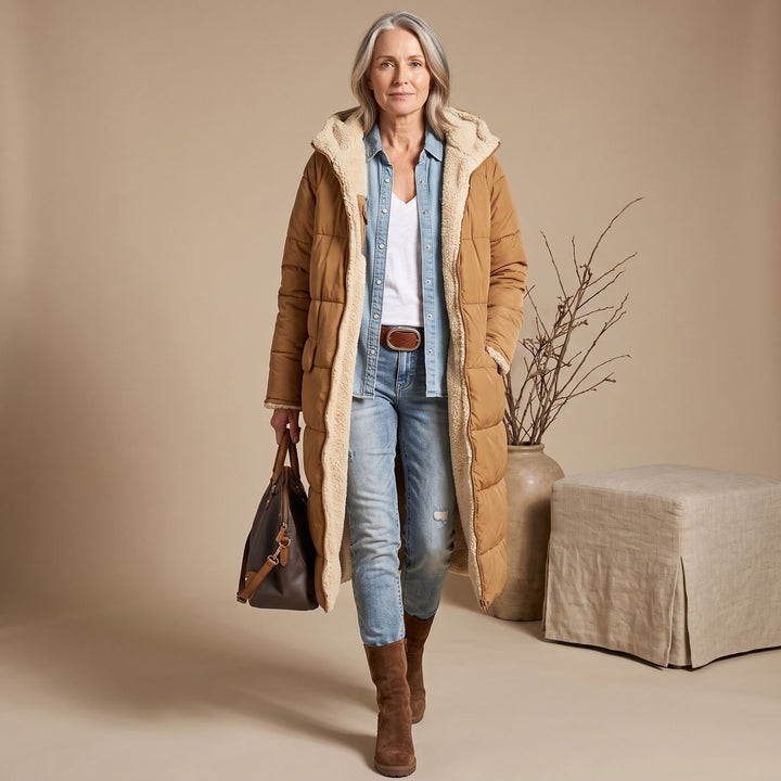 Women's Sherpa-Lined Long Quilted Puffer Coat Fleece Interior - Brown