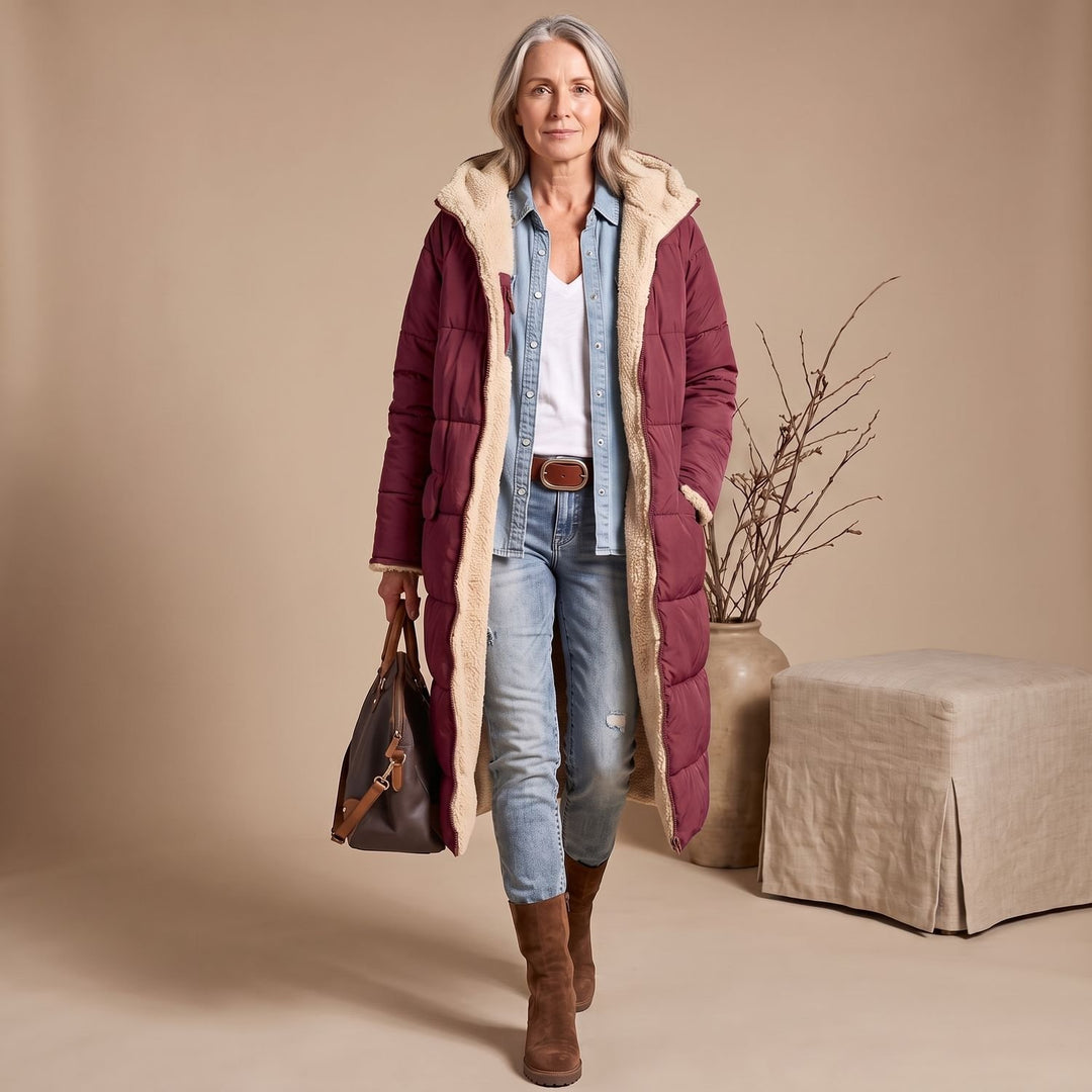 Women's Sherpa-Lined Long Quilted Puffer Coat Fleece Interior - Wine Red