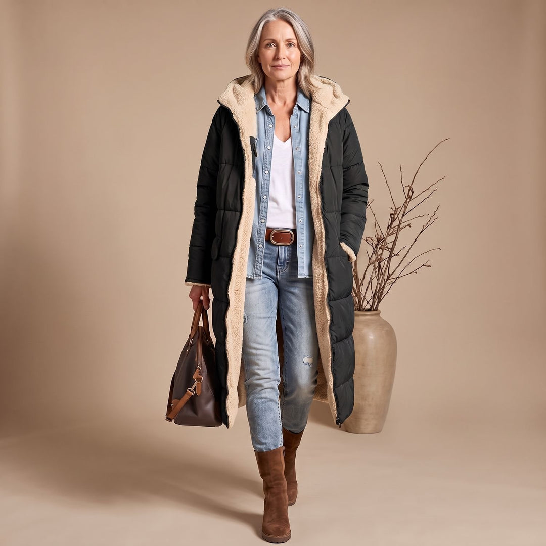 Women's Sherpa-Lined Long Quilted Puffer Coat Fleece Interior - Black