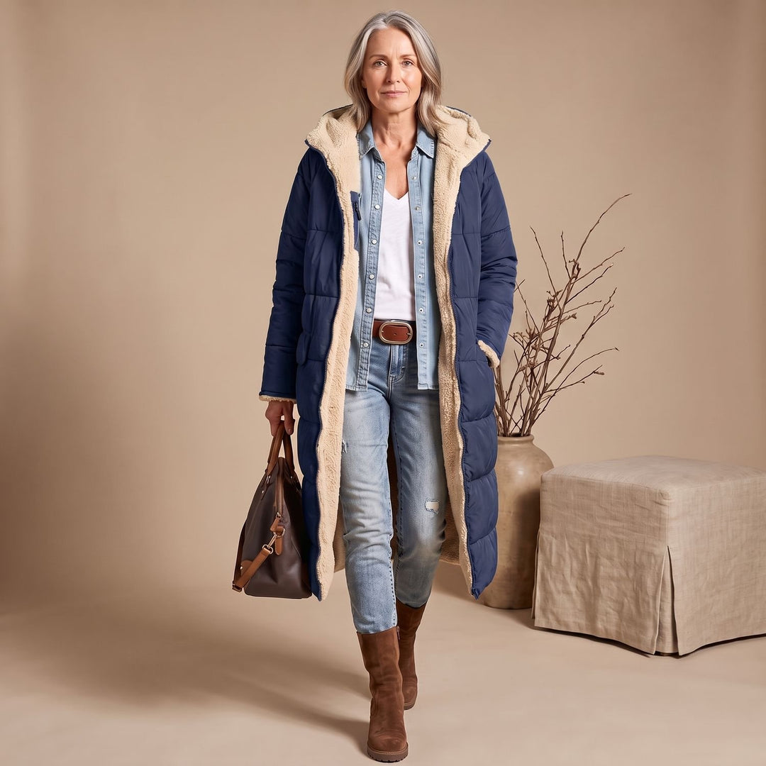 Women's Sherpa-Lined Long Quilted Puffer Coat Fleece Interior - Blue