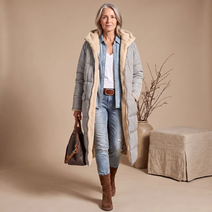 Women's Sherpa-Lined Long Quilted Puffer Coat Fleece Interior - Gray