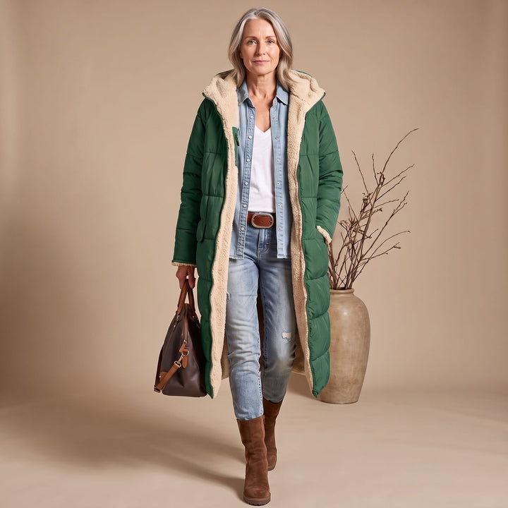 Women's Sherpa-Lined Long Quilted Puffer Coat Fleece Interior - Green
