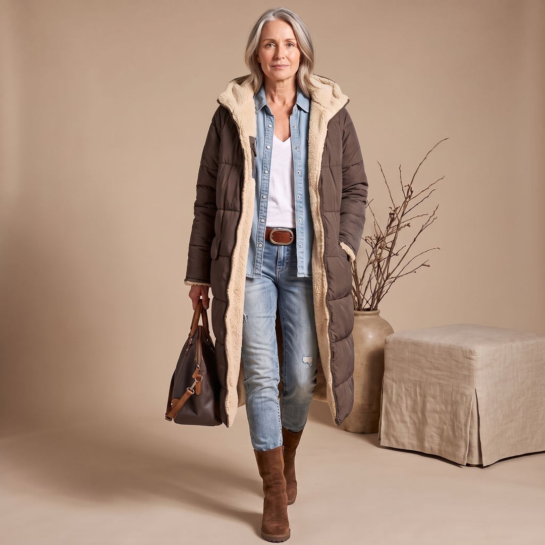 Women's Sherpa-Lined Long Quilted Puffer Coat Fleece Interior - Dark Green
