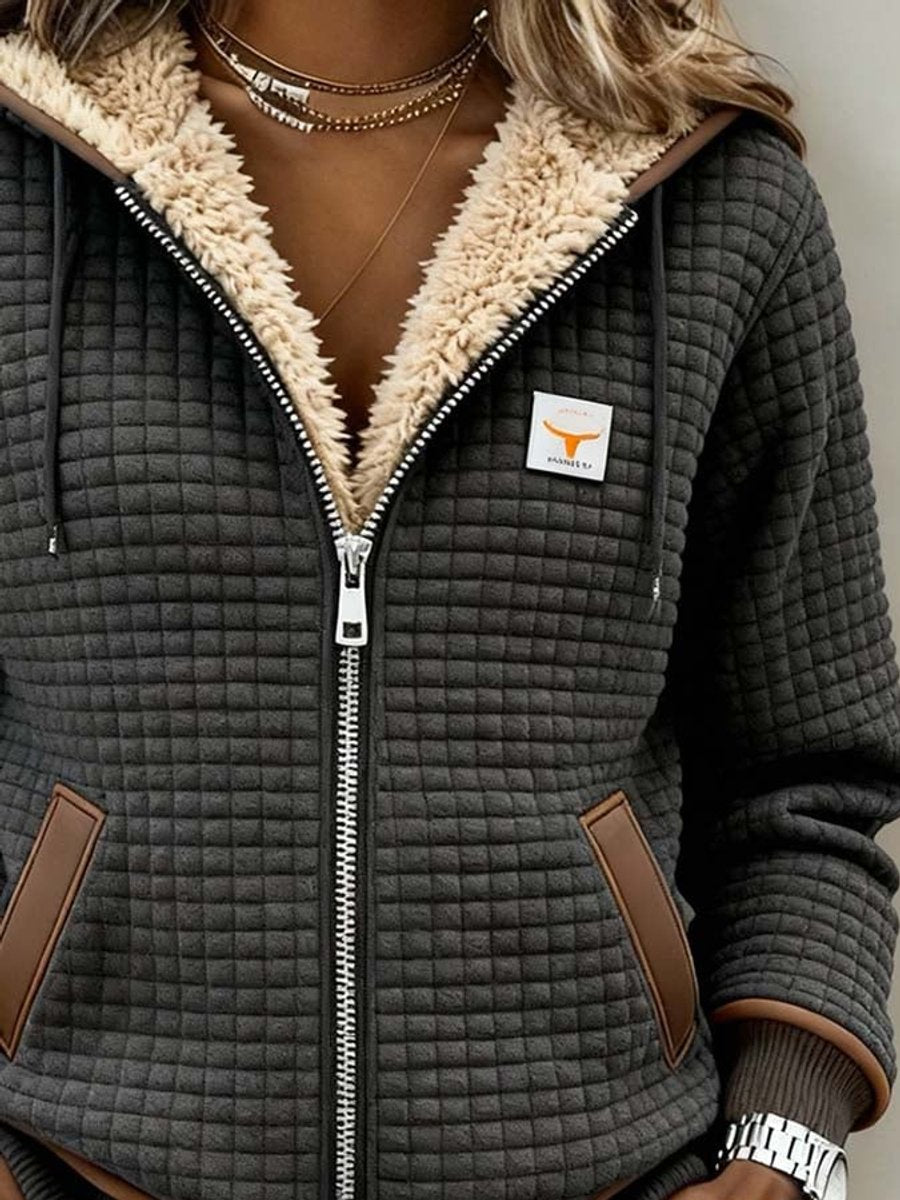 Women's Sherpa-Lined Quilted Jacket Fleece Hoodie Full-Zip