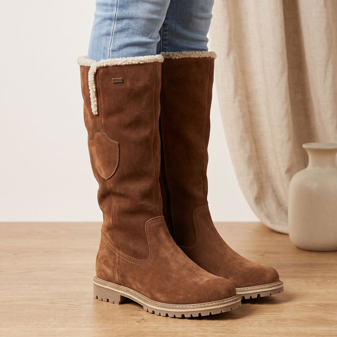 Women's Sherpa-Lined Suede Knee-High Winter Snow Boots - Brown