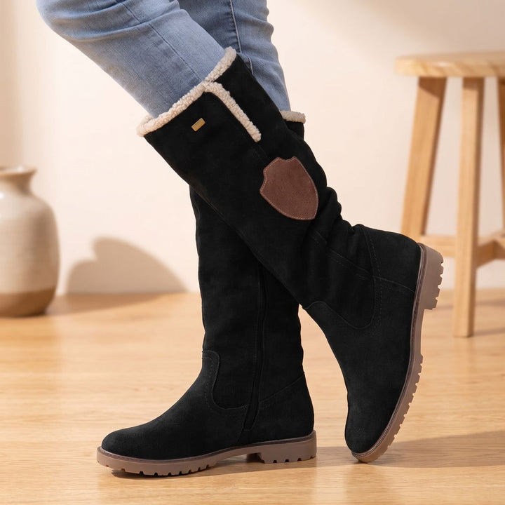 Women's Sherpa-Lined Suede Knee-High Winter Snow Boots - Black