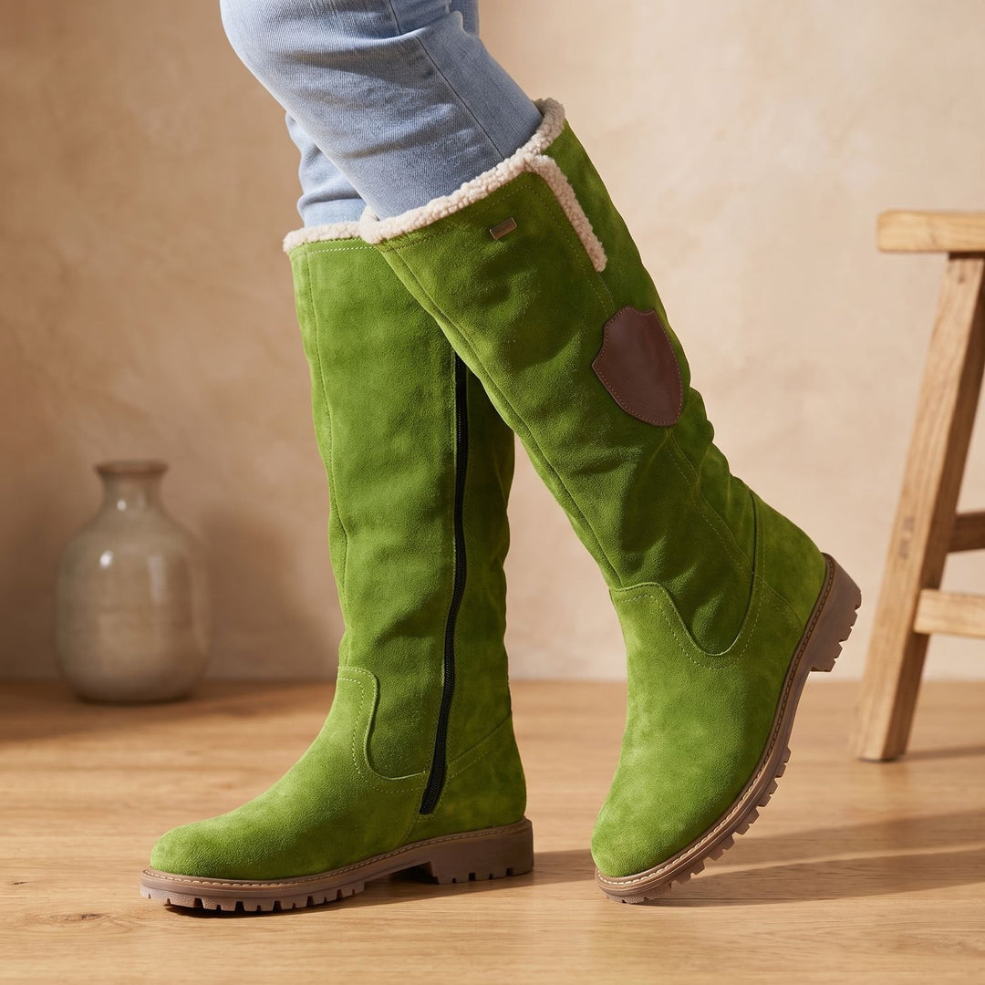 Women's Sherpa-Lined Suede Knee-High Winter Snow Boots - Green