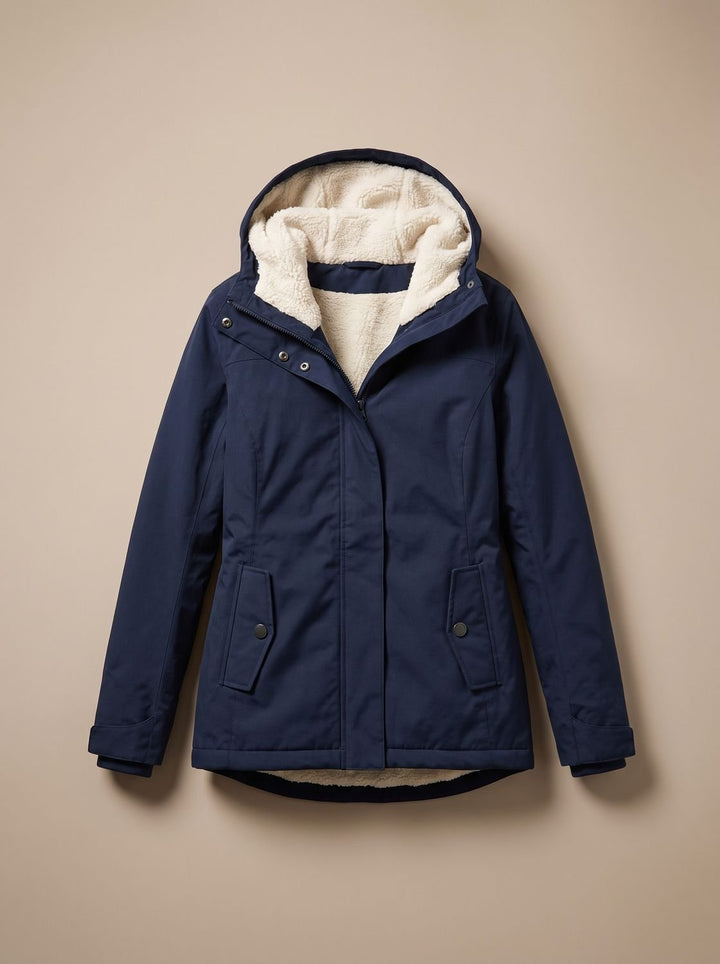Women's Sherpa-Lined Waterproof Hooded Sophisticated Jacket - Navy Blue