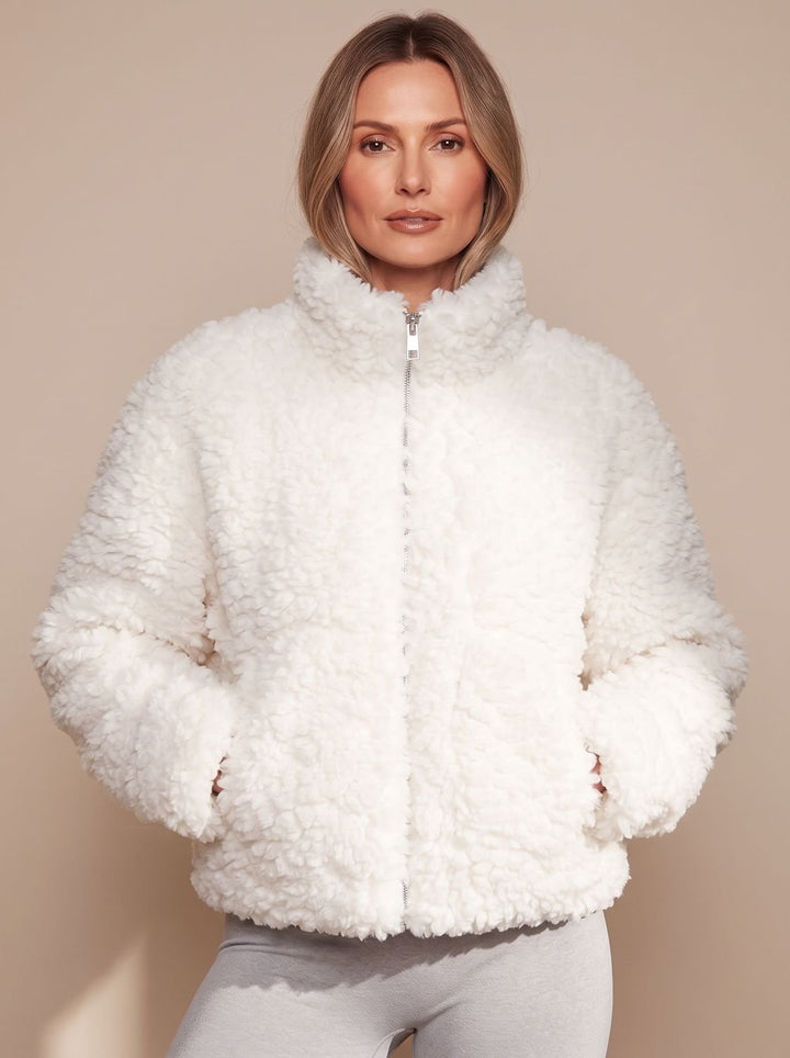 Women's Sherpa Zip-Up Jacket Fluffy High-Pile Fleece Coat - White