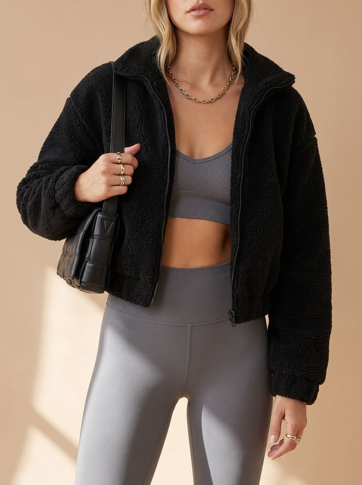 Women's Sherpa Zip-Up Jacket Fluffy High-Pile Fleece Coat - Black