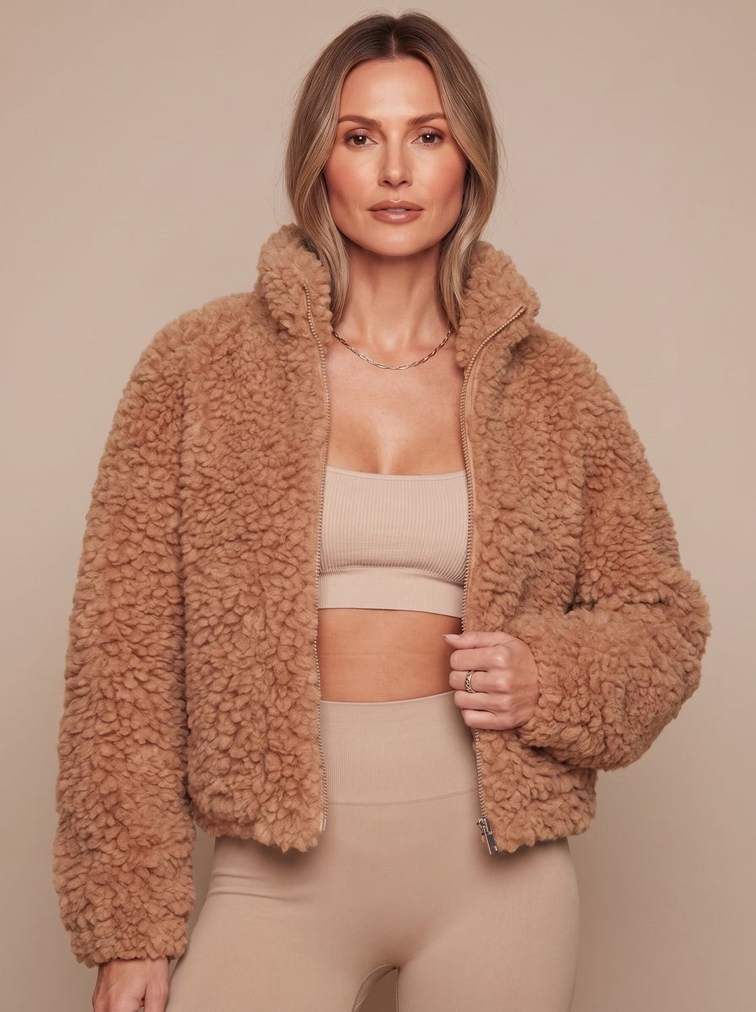 Women's Sherpa Zip-Up Jacket Fluffy High-Pile Fleece Coat - Brown