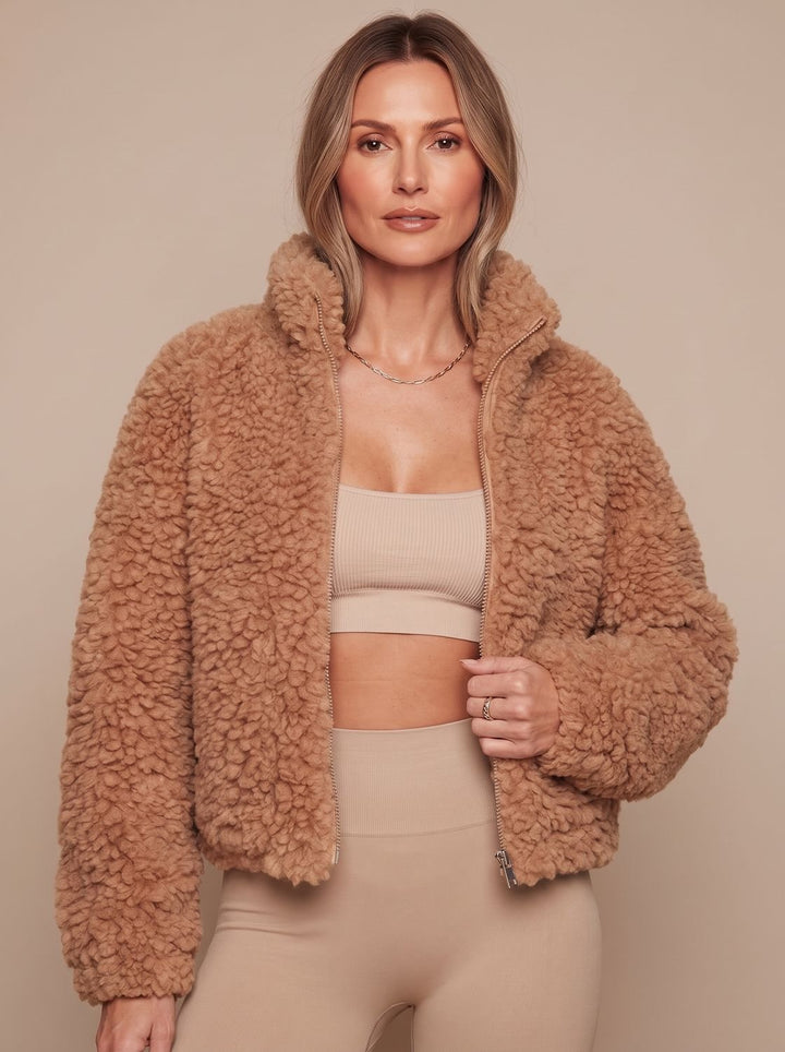 Women's Sherpa Zip-Up Jacket Fluffy High-Pile Fleece Coat - Brown