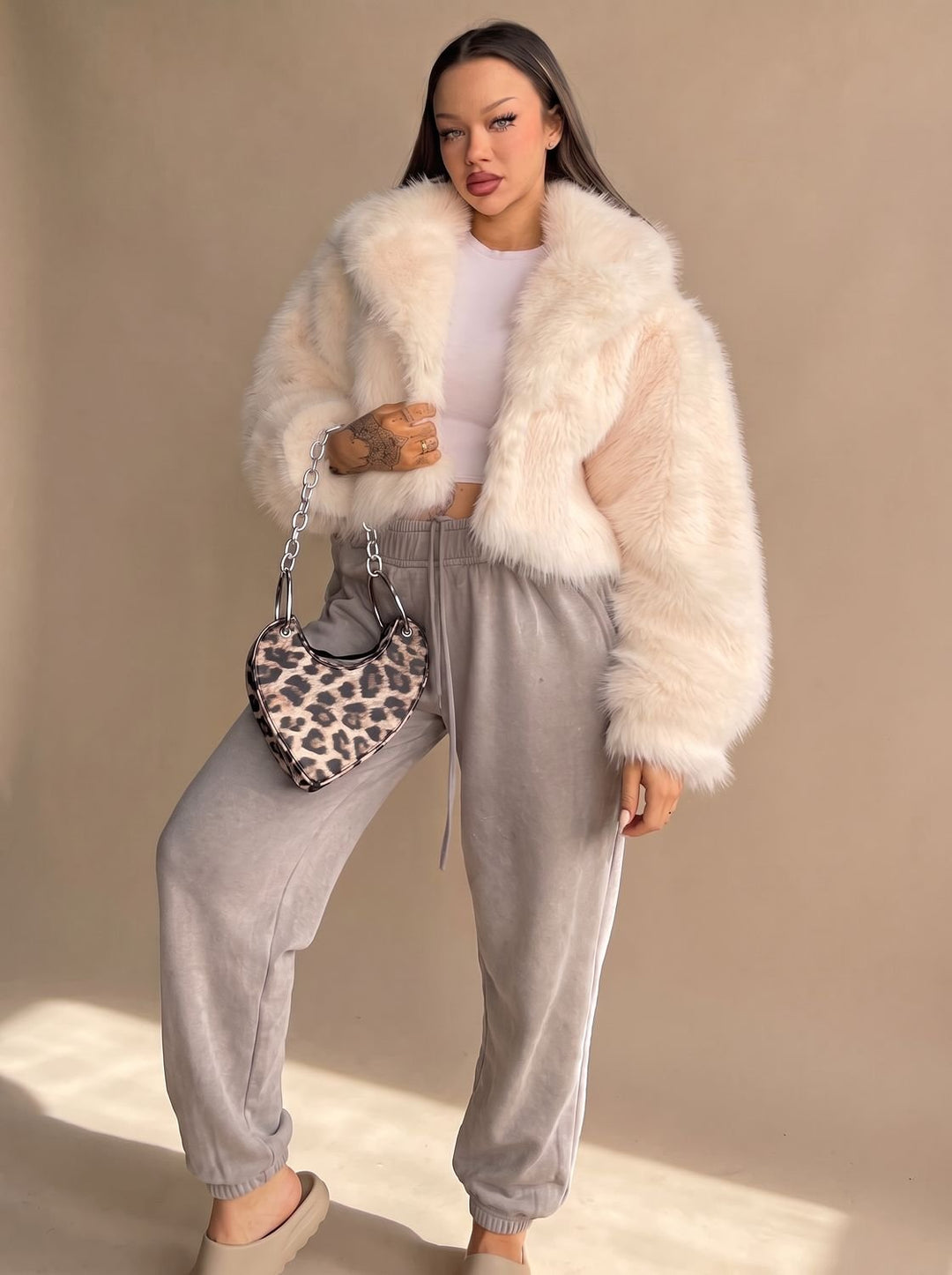 Women's Short Faux Fur Coat Cropped Open-Front Fluffy Jacket, Cream - Cream