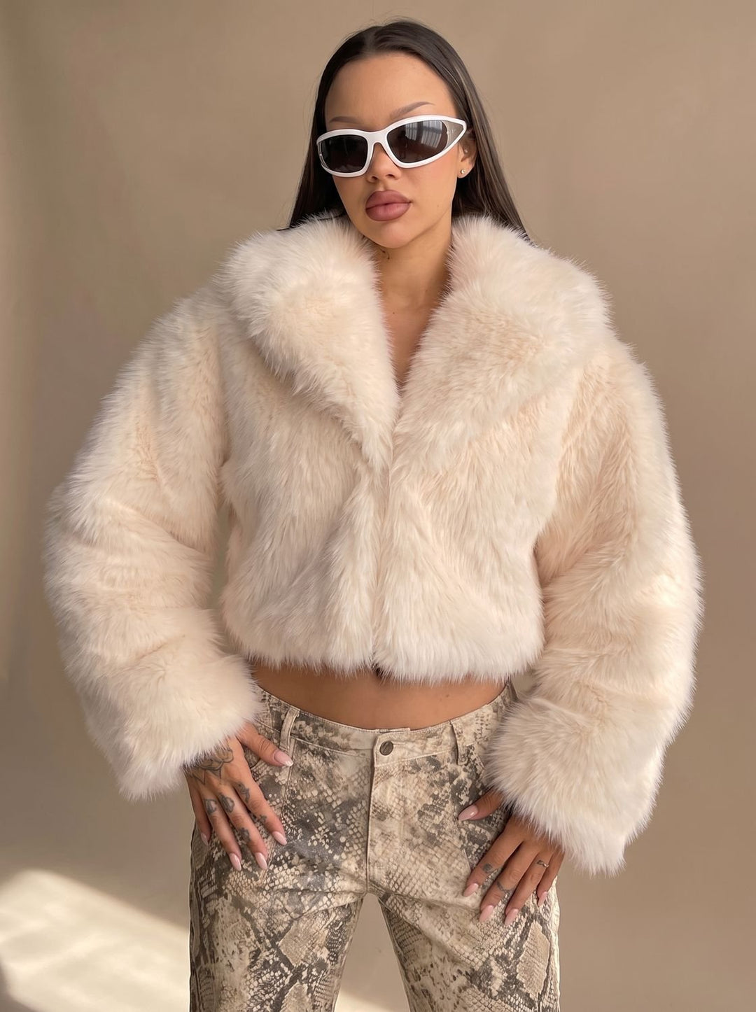 Women's Short Faux Fur Coat Cropped Open-Front Fluffy Jacket, Cream