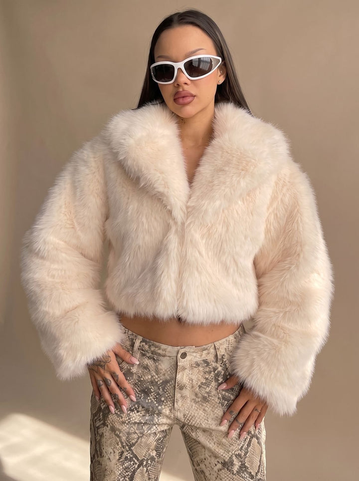 Women's Short Faux Fur Coat Cropped Open-Front Fluffy Jacket, Cream