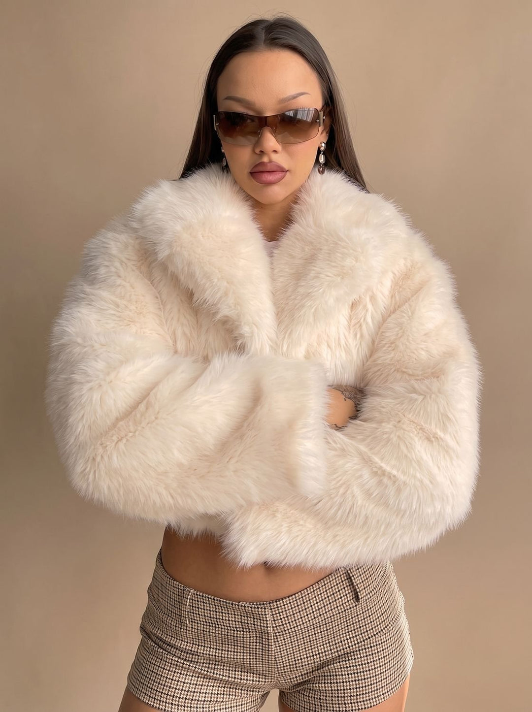 Women's Short Faux Fur Coat Cropped Open-Front Fluffy Jacket, Cream