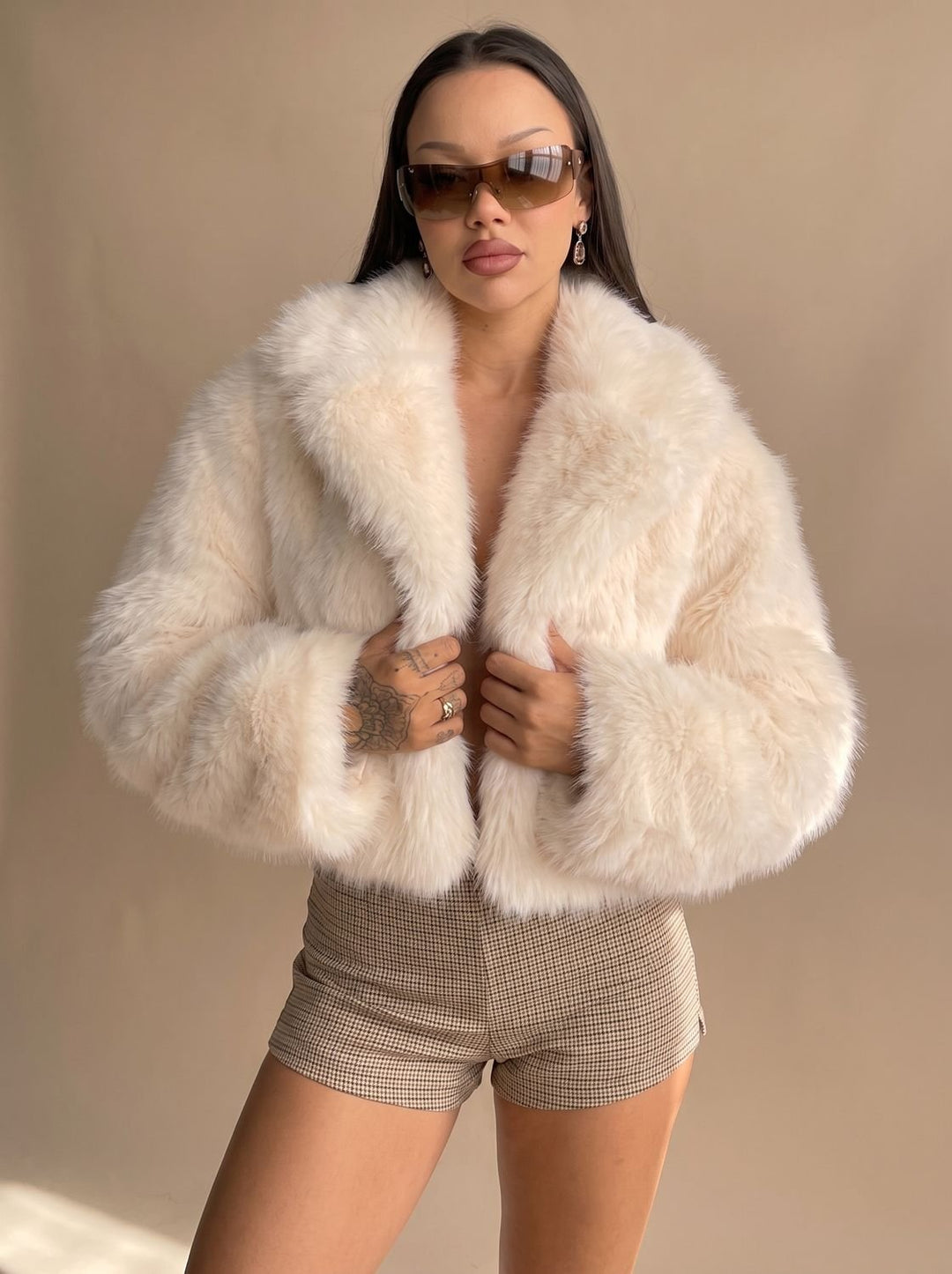 Women's Short Faux Fur Coat Cropped Open-Front Fluffy Jacket, Cream