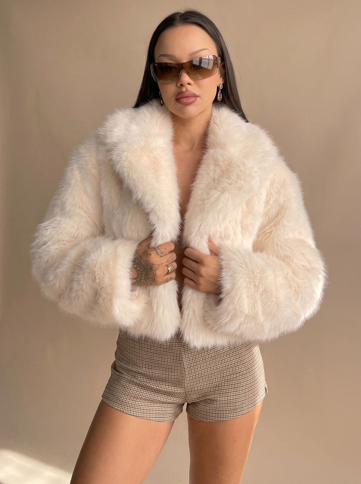 Women's Short Faux Fur Coat Cropped Open-Front Fluffy Jacket, Cream