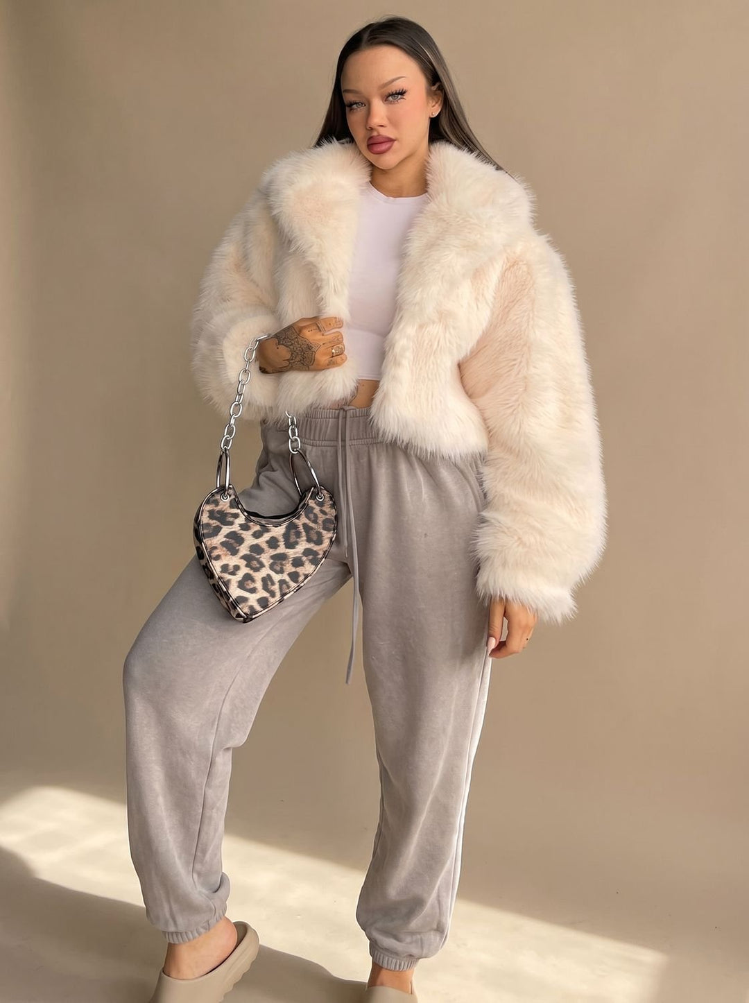 Women's Short Faux Fur Coat Cropped Open-Front Fluffy Jacket, Cream