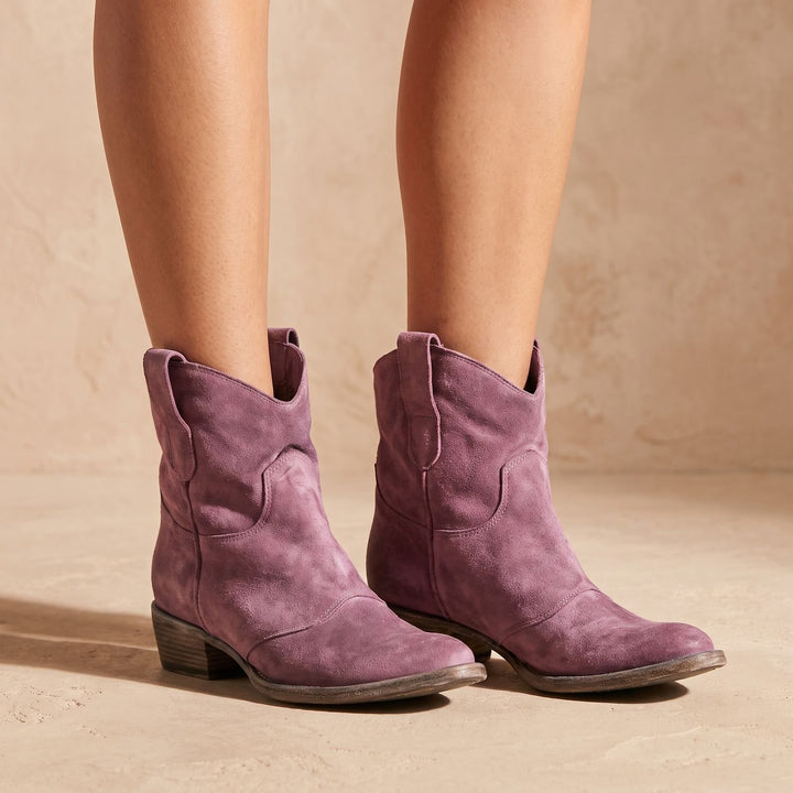 Women's Short Suede Cowboy Ankle Boots Low Stacked Heel - Pink