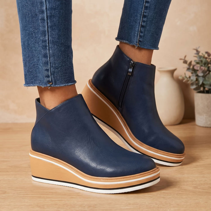 Women's Side-Zip Wedge Ankle Boots Arch Support PU Leather
