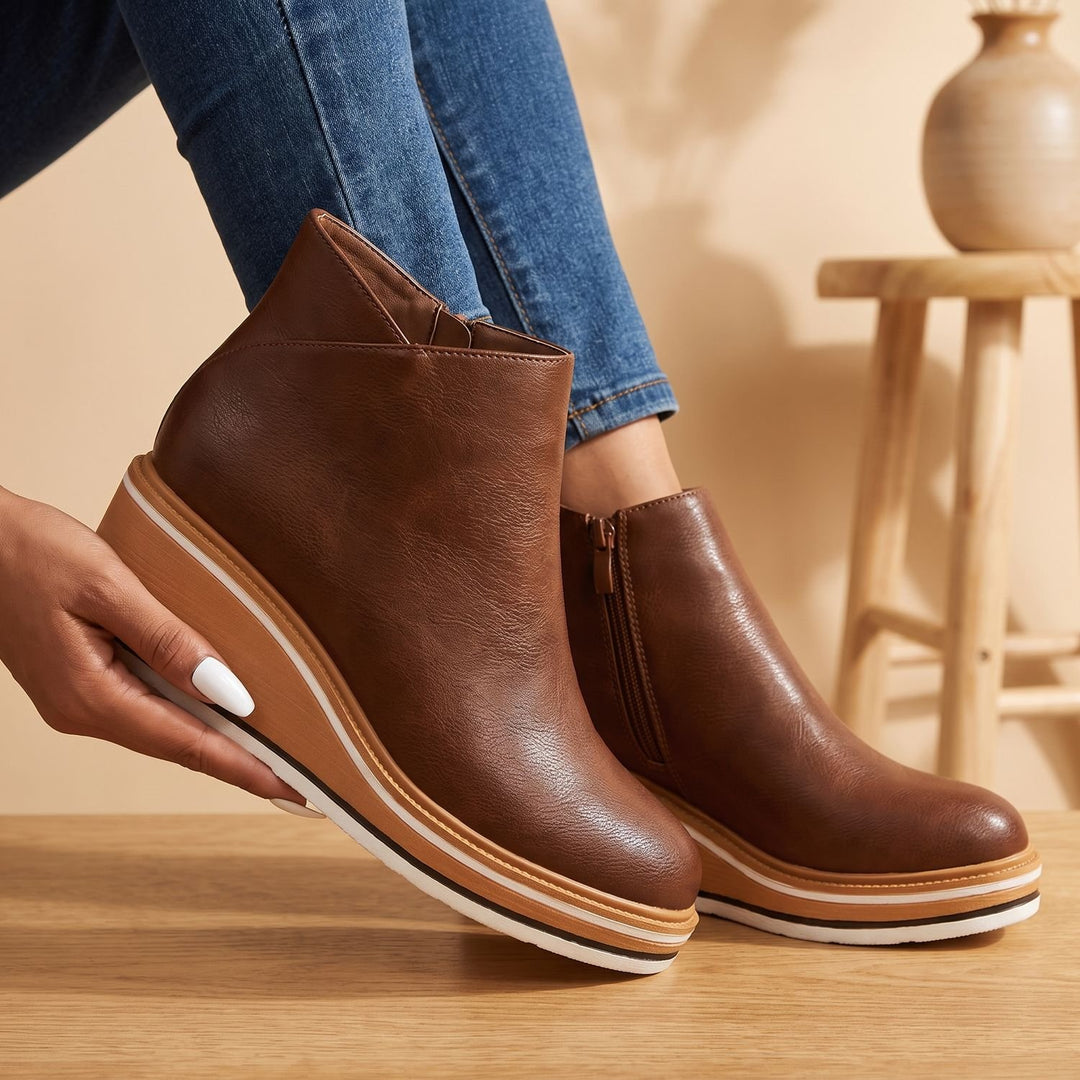 Women's Side-Zip Wedge Ankle Boots Arch Support PU Leather - Dark Brown