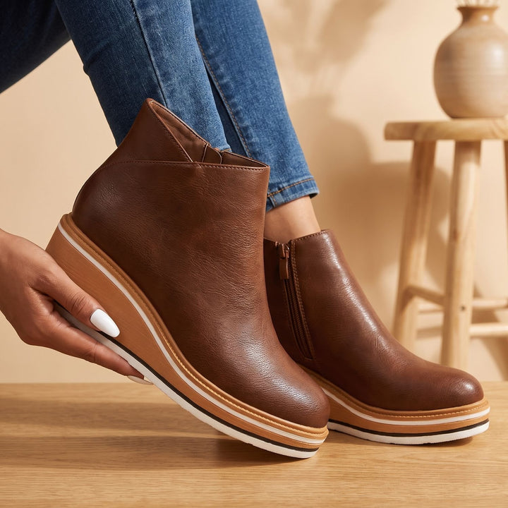 Women's Side-Zip Wedge Ankle Boots Arch Support PU Leather - Dark Brown