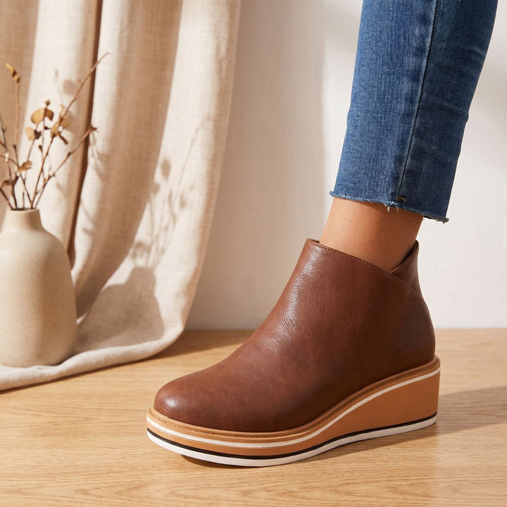 Women's Side-Zip Wedge Ankle Boots Arch Support PU Leather