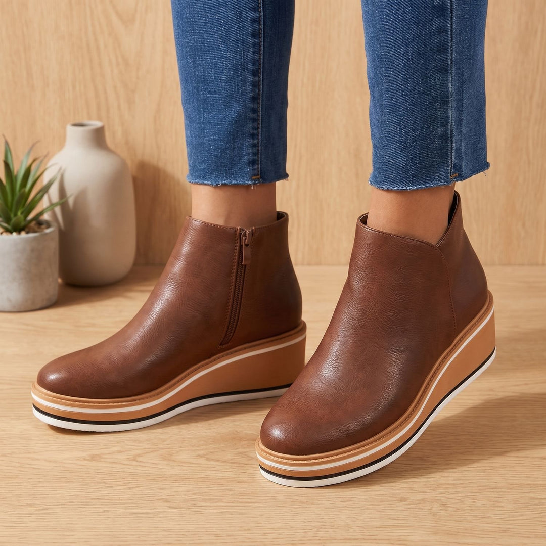 Women's Side-Zip Wedge Ankle Boots Arch Support PU Leather