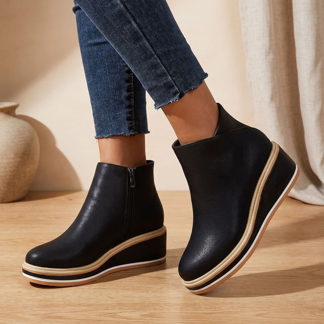 Women's Side-Zip Wedge Ankle Boots Arch Support PU Leather