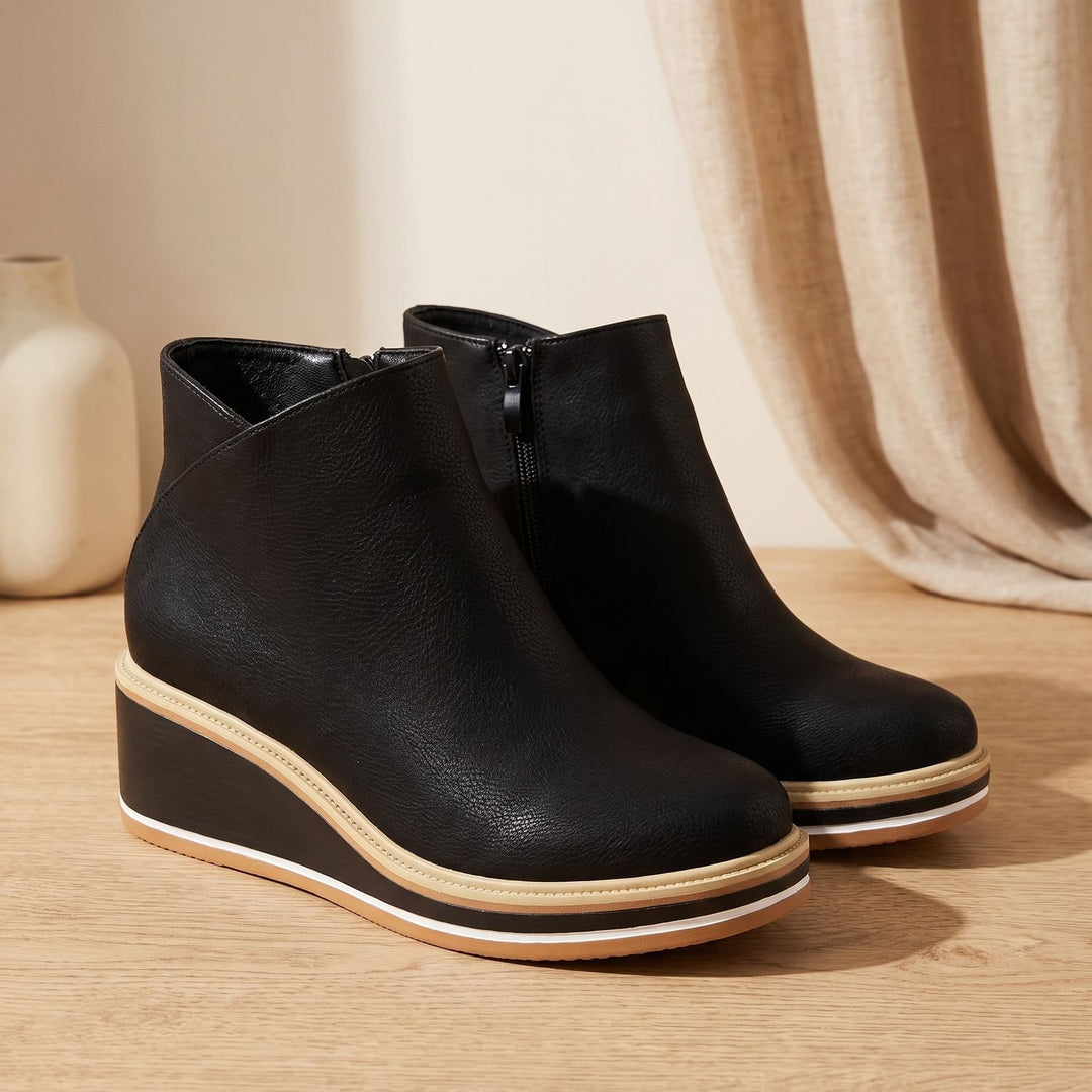 Women's Side-Zip Wedge Ankle Boots Arch Support PU Leather - Black