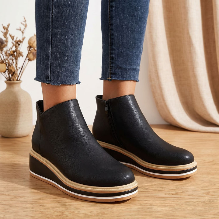 Women's Side-Zip Wedge Ankle Boots Arch Support PU Leather