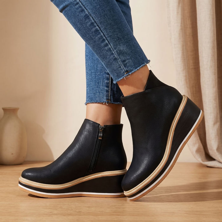 Women's Side-Zip Wedge Ankle Boots Arch Support PU Leather
