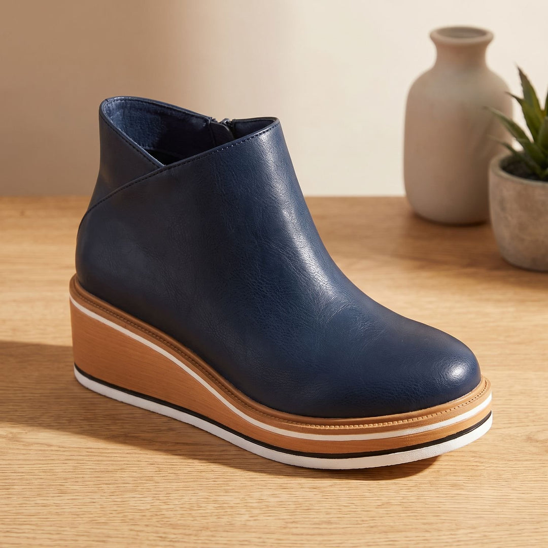 Women's Side-Zip Wedge Ankle Boots Arch Support PU Leather - Blue