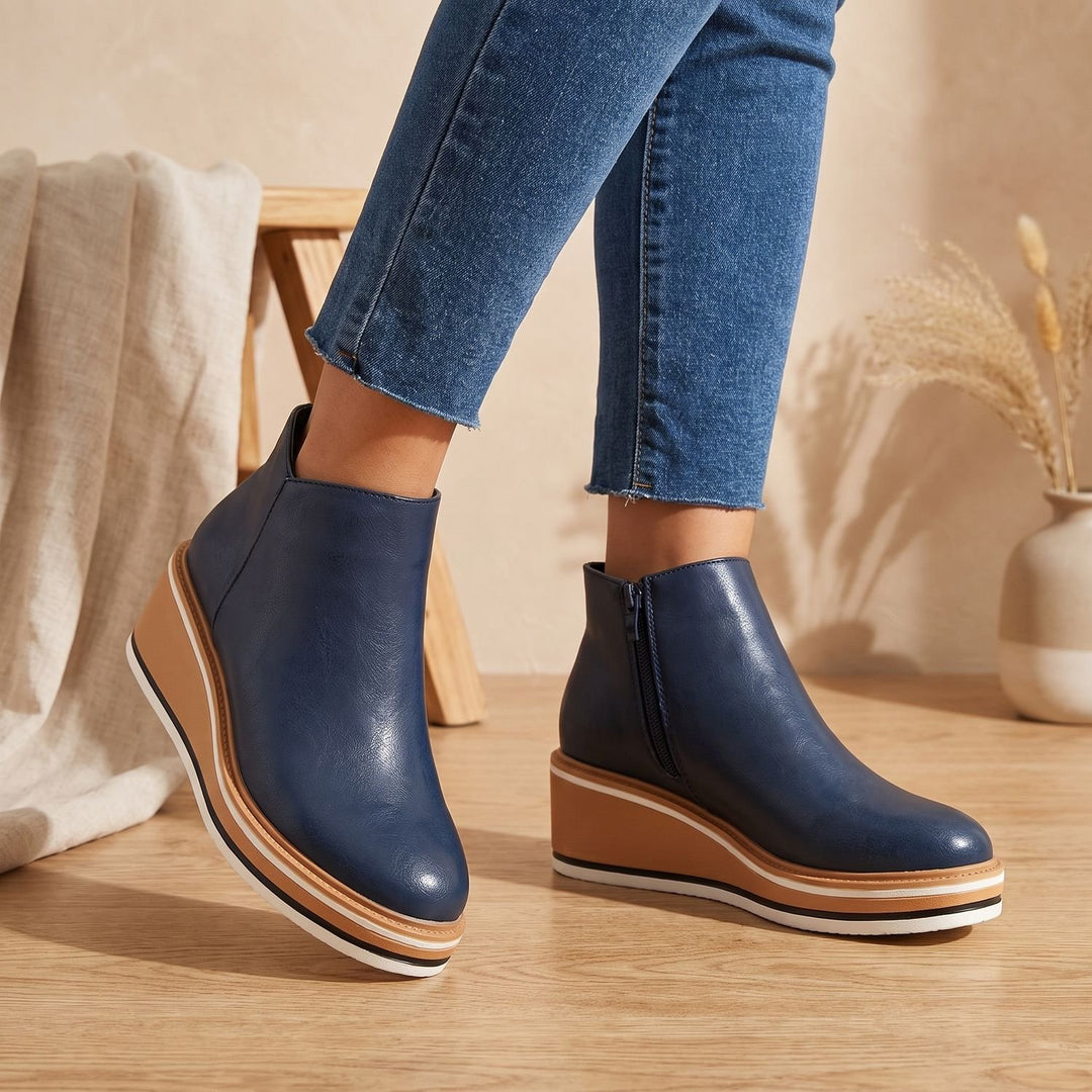 Women's Side-Zip Wedge Ankle Boots Arch Support PU Leather
