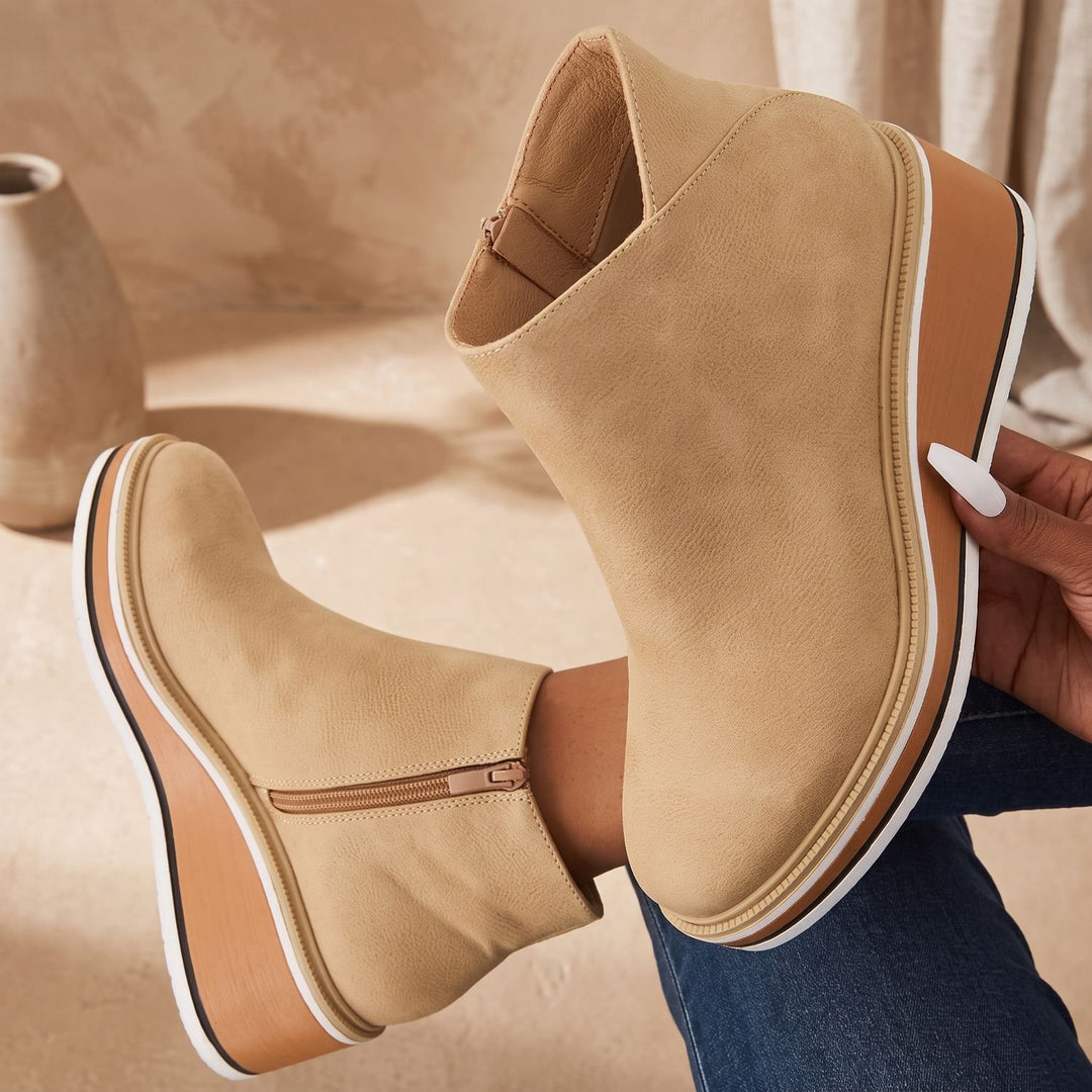 Women's Side-Zip Wedge Ankle Boots Arch Support PU Leather - Beige