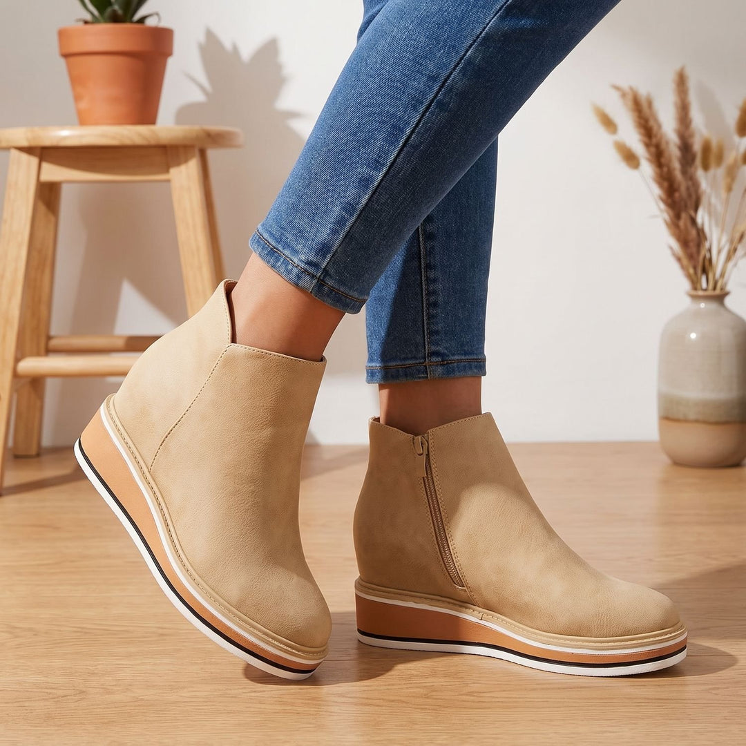 Women's Side-Zip Wedge Ankle Boots Arch Support PU Leather