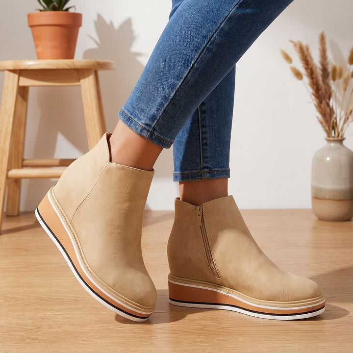 Women's Side-Zip Wedge Ankle Boots Arch Support PU Leather