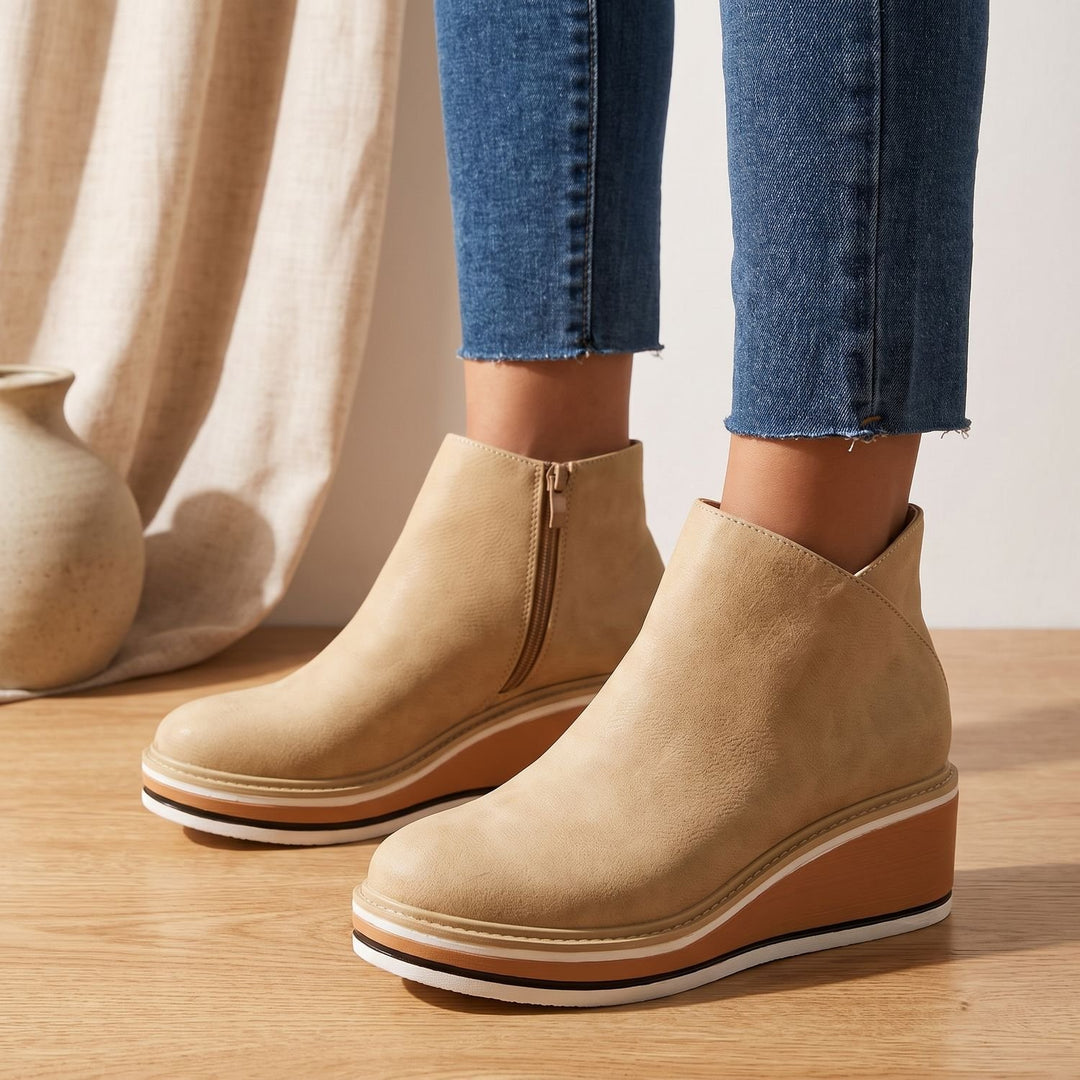 Women's Side-Zip Wedge Ankle Boots Arch Support PU Leather
