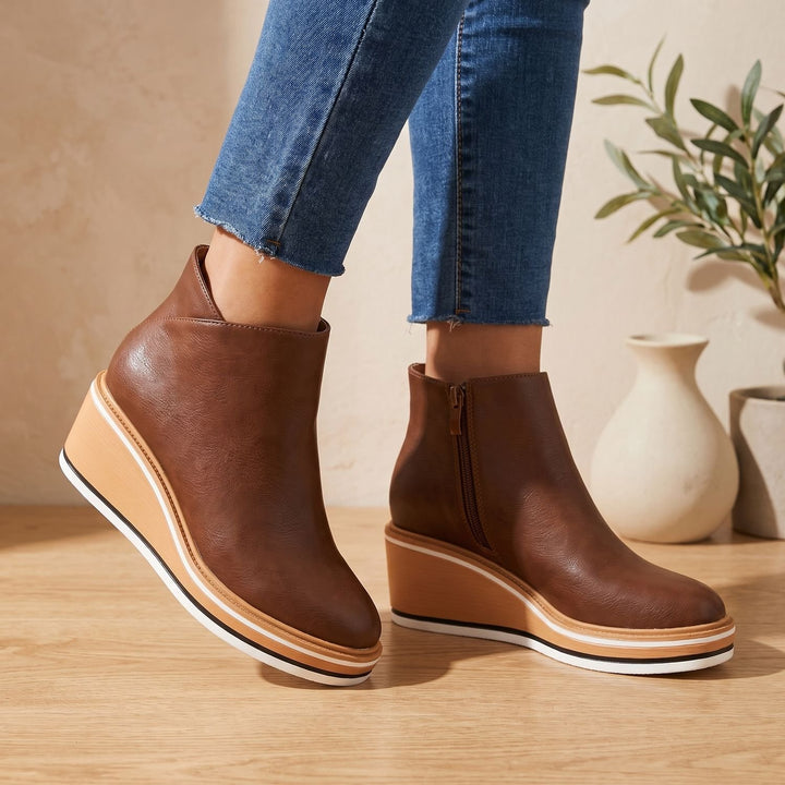 Women's Side-Zip Wedge Ankle Boots Arch Support PU Leather