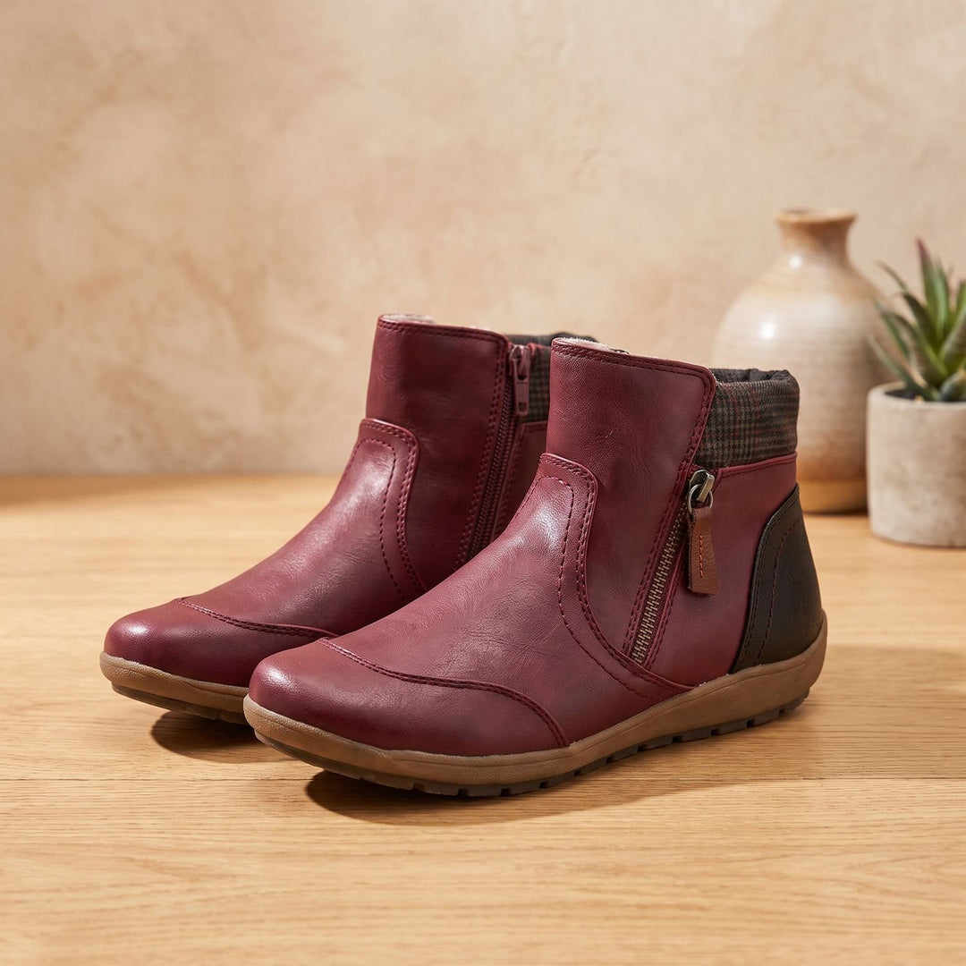Women's Side-Zip Winter Ankle Boots Cushioned Flat Booties - Red