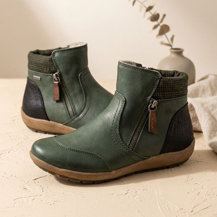 Women's Side-Zip Winter Ankle Boots Cushioned Flat Booties - Green