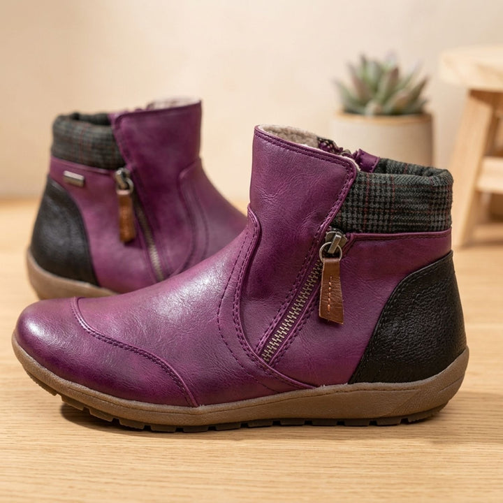 Women's Side-Zip Winter Ankle Boots Cushioned Flat Booties - Purple