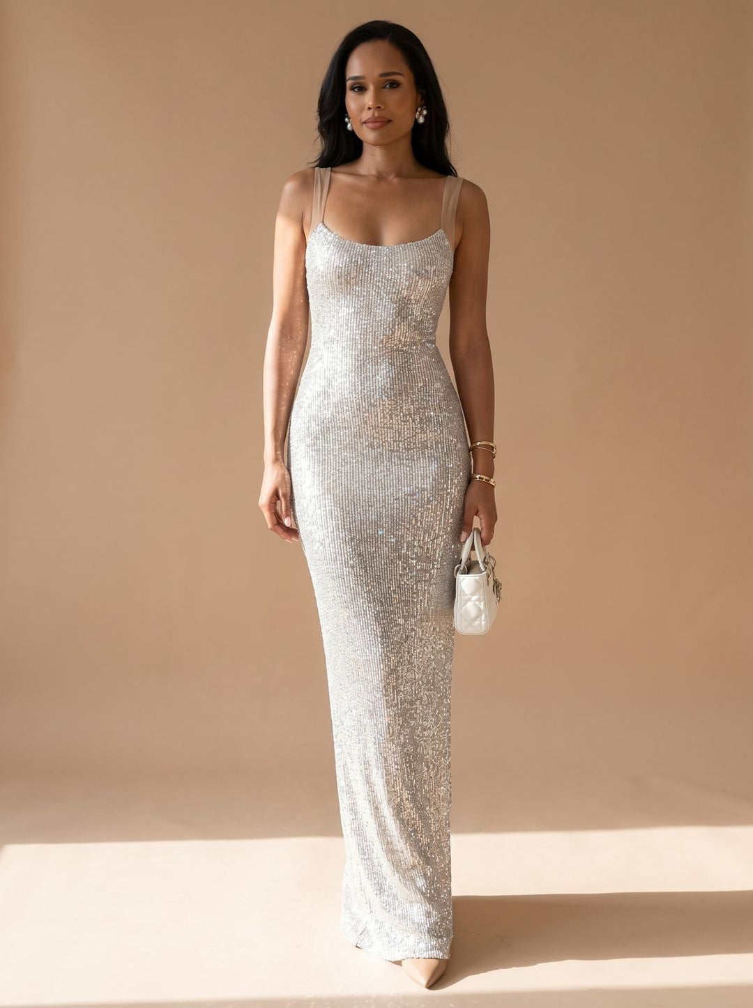 Women's Silver Maxi Sequin Dress Square-Neck Fitted Spaghetti Strap
