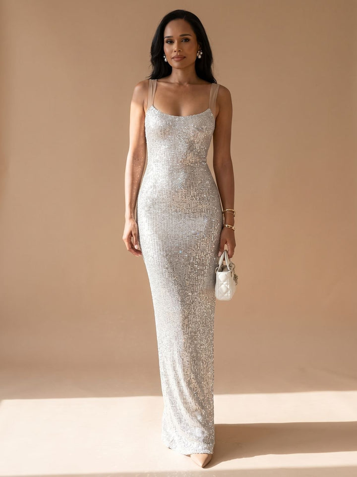 Women's Silver Maxi Sequin Dress Square-Neck Fitted Spaghetti Strap