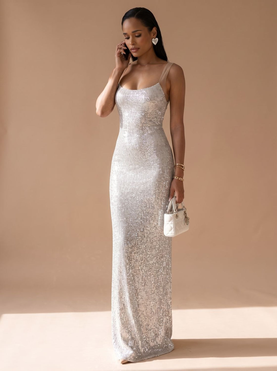 Women's Silver Maxi Sequin Dress Square-Neck Fitted Spaghetti Strap