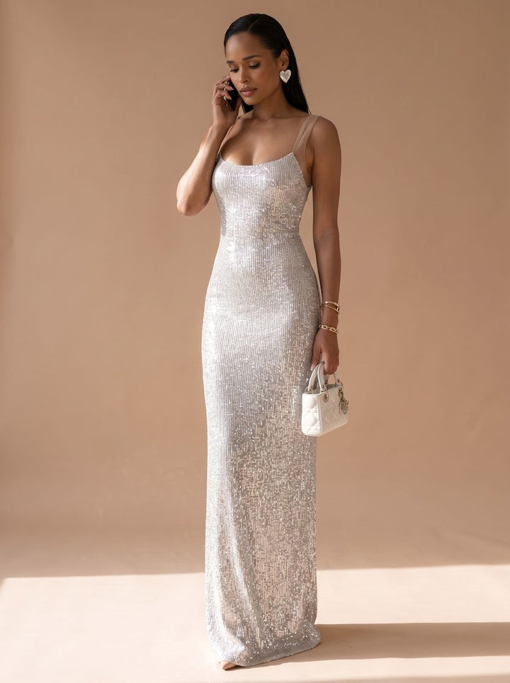 Women's Silver Maxi Sequin Dress Square-Neck Fitted Spaghetti Strap