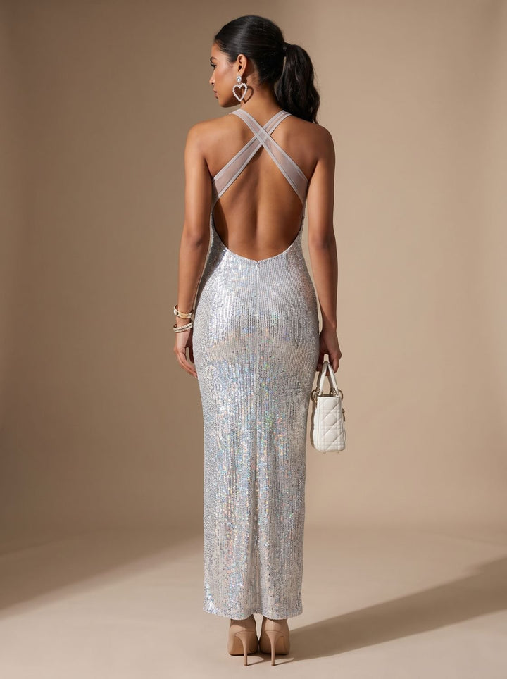 Women's Silver Maxi Sequin Dress Square-Neck Fitted Spaghetti Strap