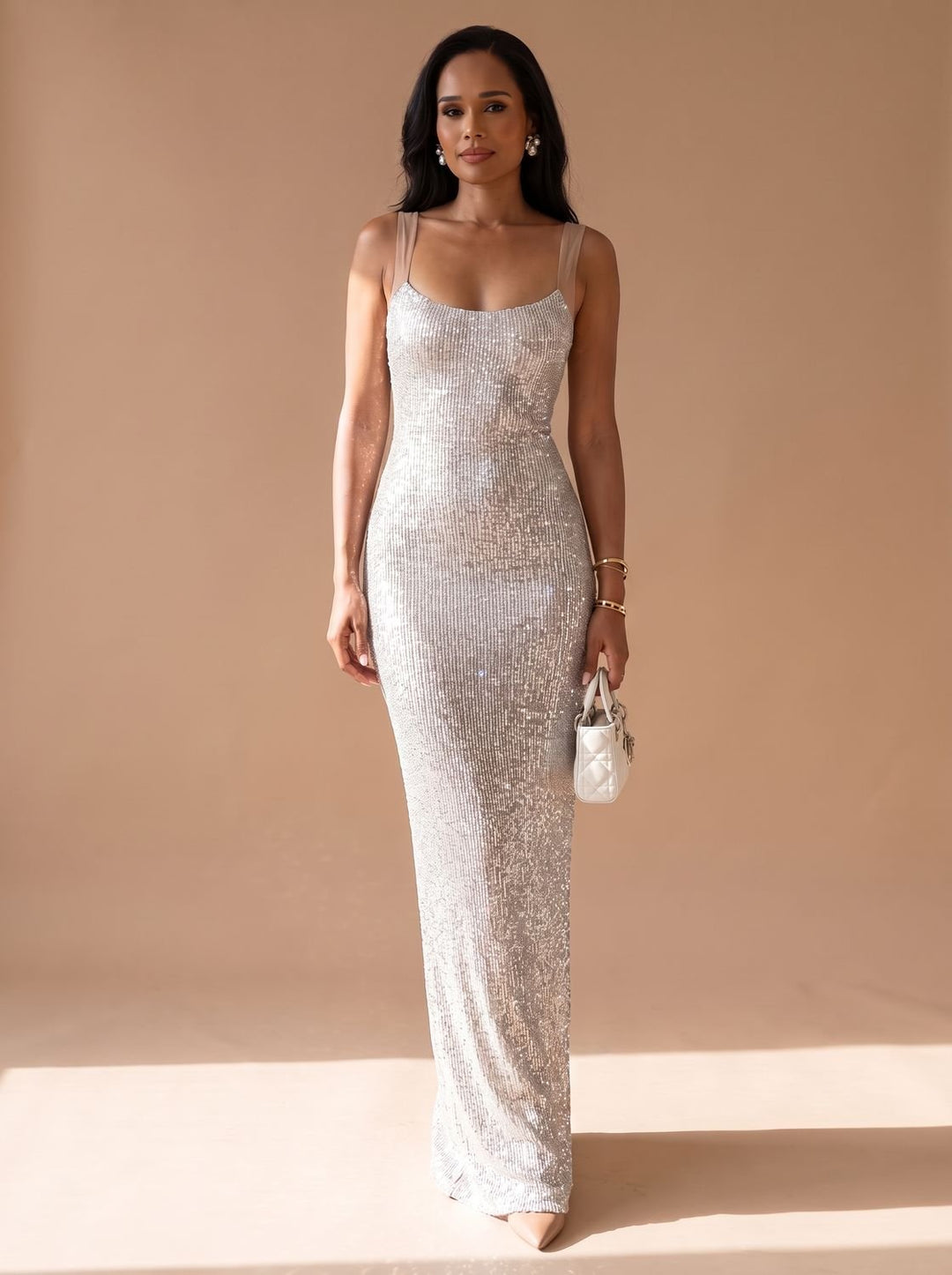 Women's Silver Maxi Sequin Dress Square-Neck Fitted Spaghetti Strap