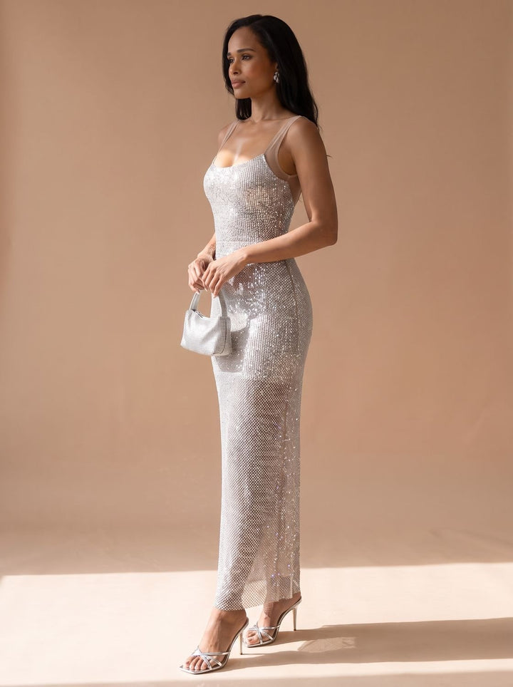 Women's Silver Maxi Sequin Dress Square-Neck Fitted Spaghetti Strap